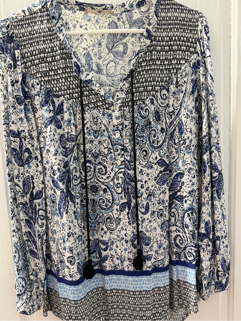 Blue Paisley Split-Neck Tunic with Tassel Ties